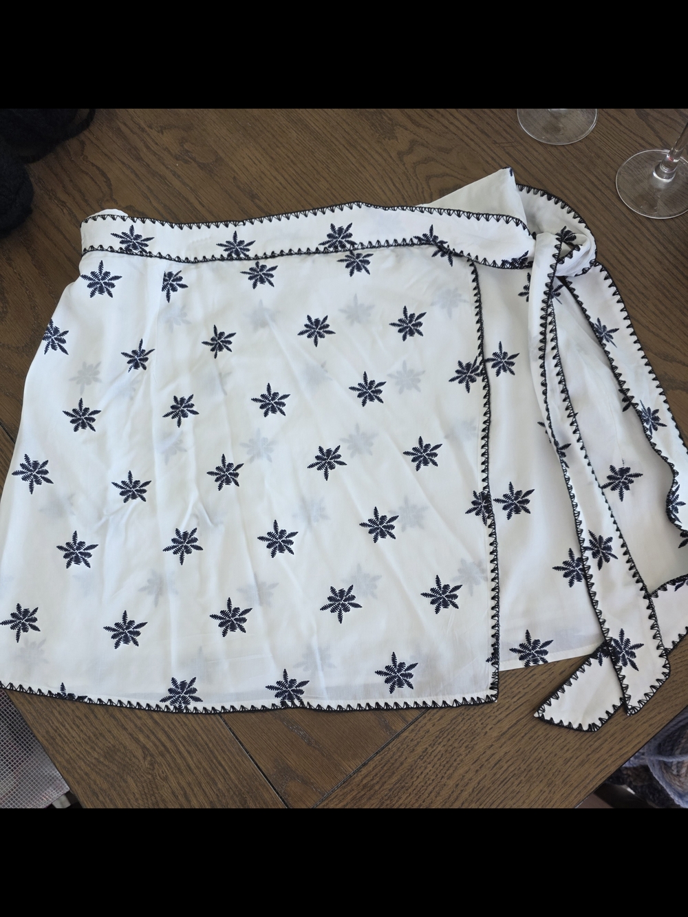 Cupshe White Wrap Skirt with Navy Embroidered Floral Motif